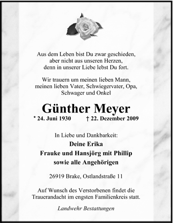 Traueranzeige von Günther Meyer von Nordwest-Zeitung