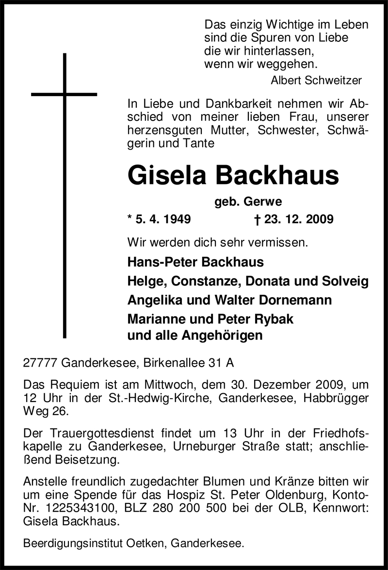  Traueranzeige für Gisela Backhaus vom 24.12.2009 aus Nordwest-Zeitung