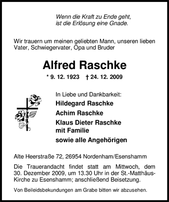 Traueranzeige von Alfred Raschke von Nordwest-Zeitung