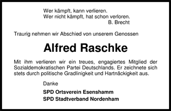 Traueranzeige von Alfred Raschke von Nordwest-Zeitung