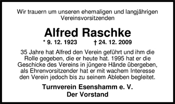 Traueranzeige von Alfred Raschke von Nordwest-Zeitung