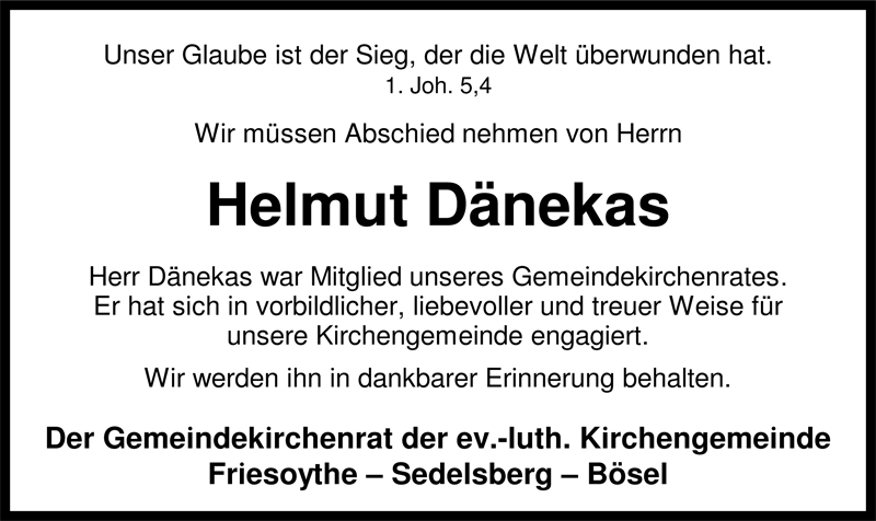  Traueranzeige für Helmut Dänekas vom 30.12.2009 aus Nordwest-Zeitung
