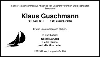 Traueranzeige von Klaus Guschmann von Nordwest-Zeitung