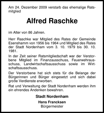 Traueranzeige von Alfred Raschke von Nordwest-Zeitung