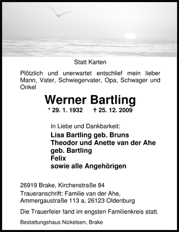 Traueranzeige von Werner Bartling von Nordwest-Zeitung