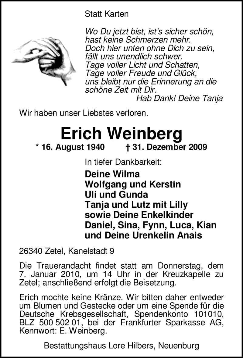  Traueranzeige für Erich Weinberg vom 04.01.2010 aus Nordwest-Zeitung