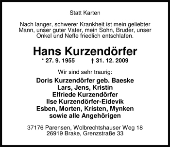 Traueranzeige von Hans Kurzendörfer von Nordwest-Zeitung