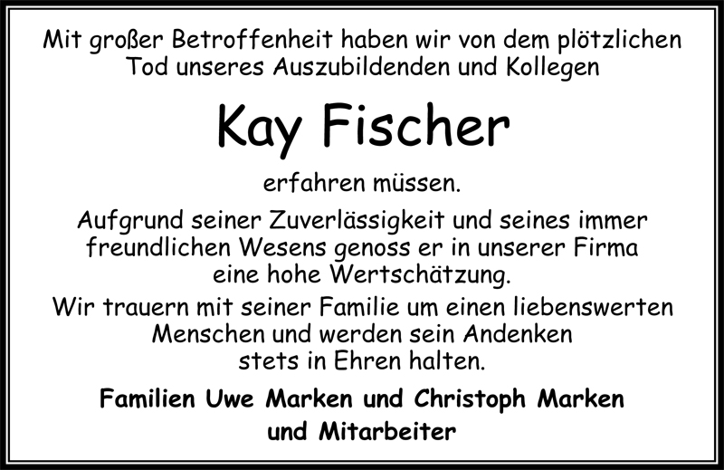  Traueranzeige für Kay Fischer vom 06.01.2010 aus Nordwest-Zeitung