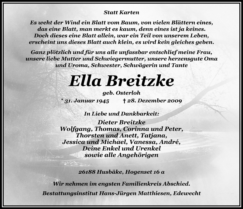  Traueranzeige für Ella Breitzke vom 06.01.2010 aus Nordwest-Zeitung