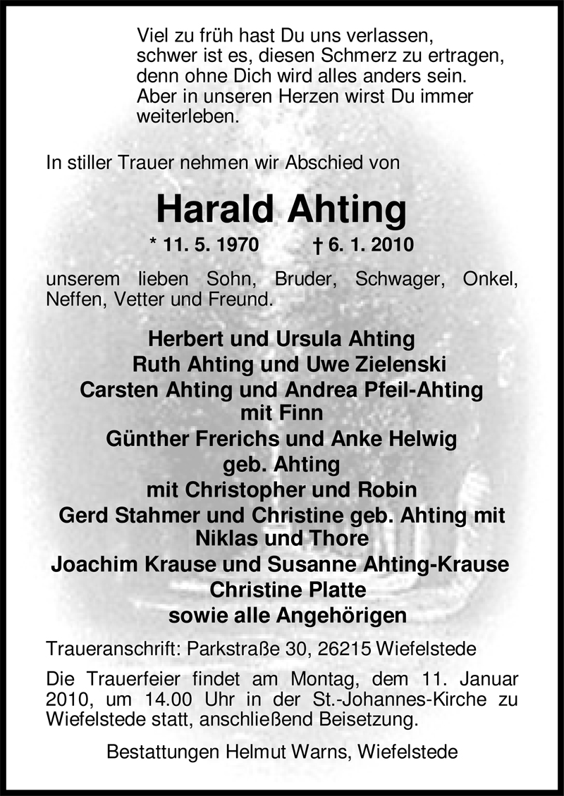  Traueranzeige für Harald Ahting vom 08.01.2010 aus Nordwest-Zeitung