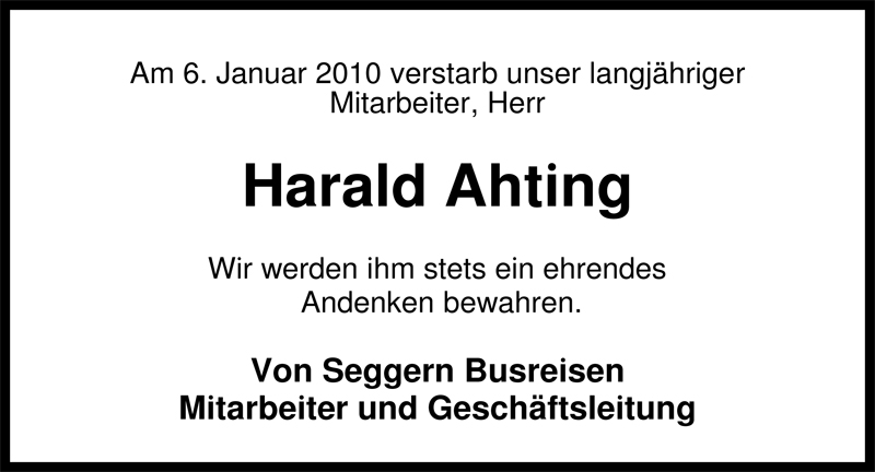  Traueranzeige für Harald Ahting vom 09.01.2010 aus Nordwest-Zeitung