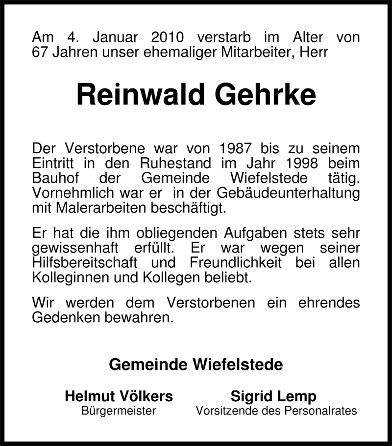  Traueranzeige für Reinwald Gehrke vom 16.01.2010 aus Nordwest-Zeitung
