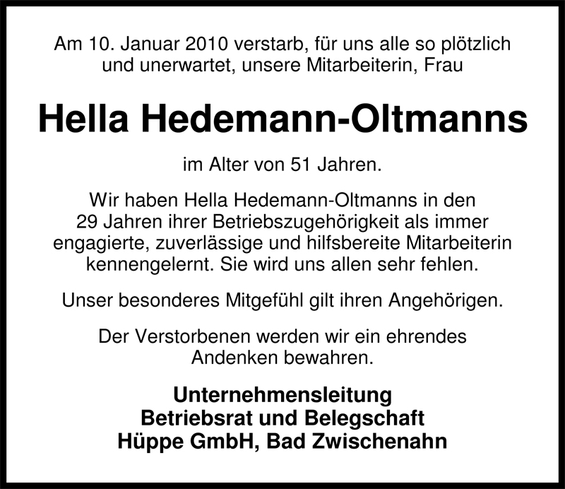  Traueranzeige für Hella Hedemann-Oltmanns vom 13.01.2010 aus Nordwest-Zeitung