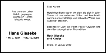 Traueranzeige von Hans Gieseke von Nordwest-Zeitung