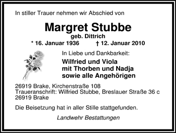 Traueranzeige von Margret Stubbe von Nordwest-Zeitung