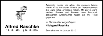 Traueranzeige von Alfred Raschke von Nordwest-Zeitung