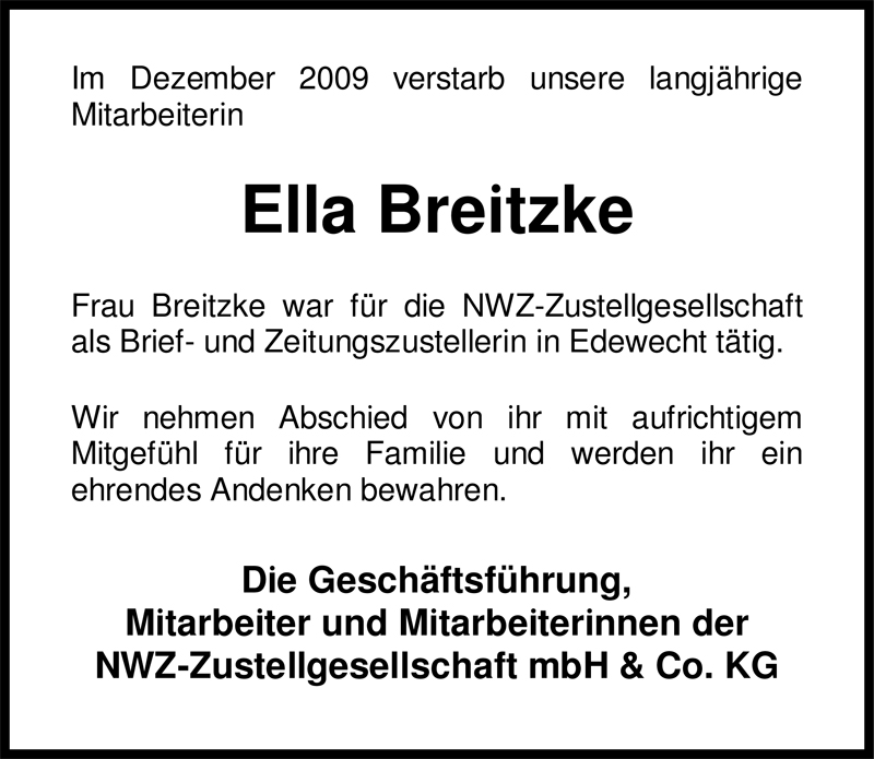  Traueranzeige für Ella Breitzke vom 16.01.2010 aus Nordwest-Zeitung