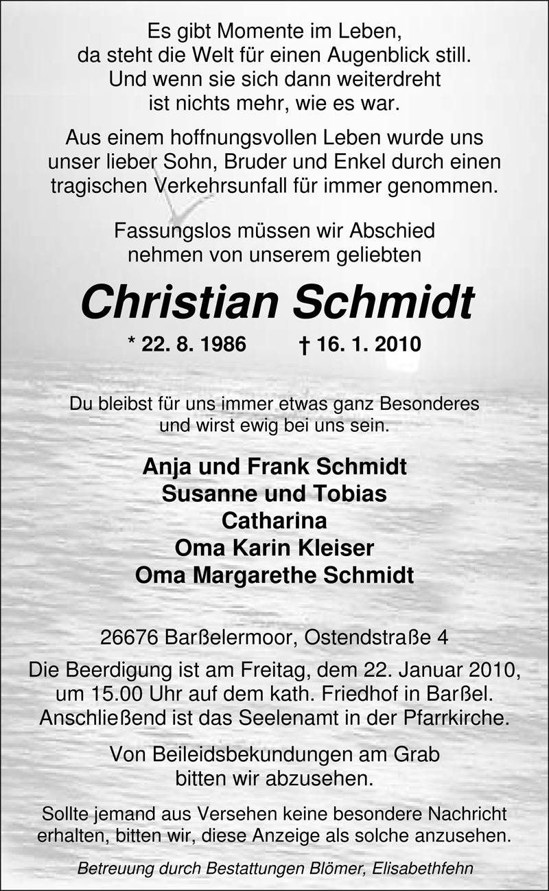  Traueranzeige für Christian Schmidt vom 18.01.2010 aus Nordwest-Zeitung