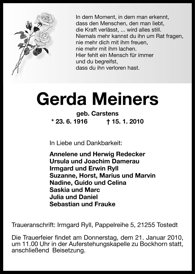 Traueranzeigen von Gerda / NWZ 1/2010 Meiners nordwesttrauer.de