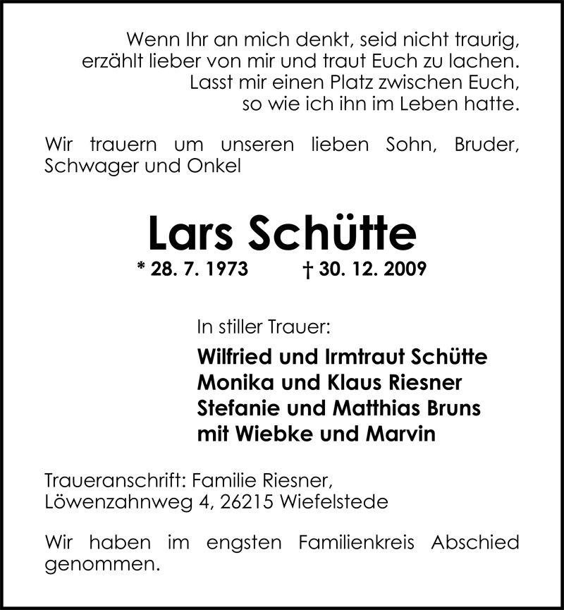  Traueranzeige für Lars Schütte vom 23.01.2010 aus Nordwest-Zeitung