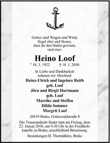 Traueranzeige von Heino Loof von Nordwest-Zeitung