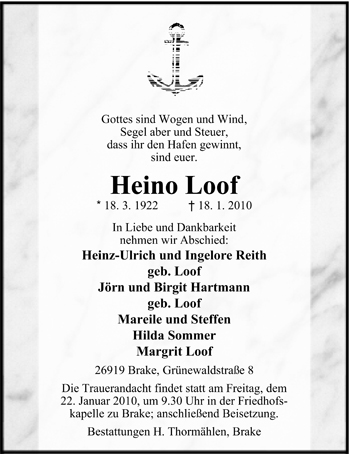 Traueranzeige von Heino Loof von Nordwest-Zeitung