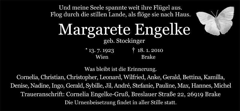  Traueranzeige für Margarete Engelke vom 23.01.2010 aus Nordwest-Zeitung
