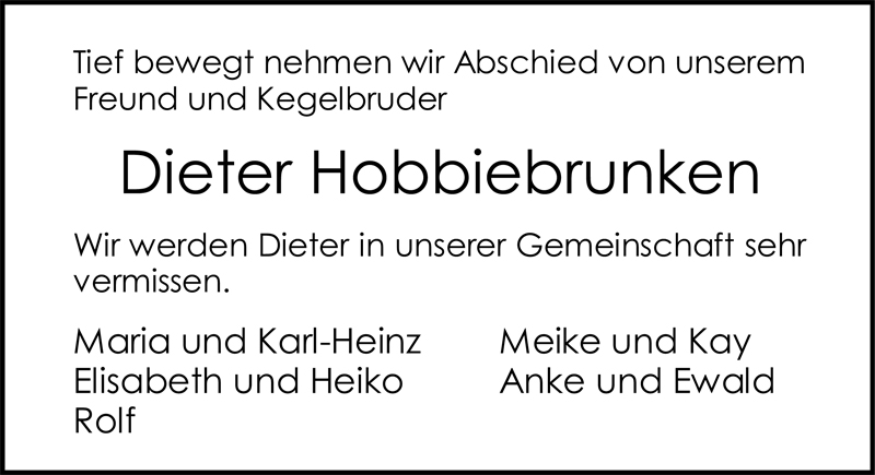  Traueranzeige für Dieter Hobbiebrunken vom 25.01.2010 aus Nordwest-Zeitung