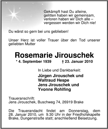 Traueranzeige von Rosemarie Jirouschek von Nordwest-Zeitung
