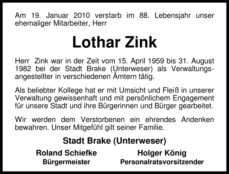  Traueranzeige für Lothar Zink vom 26.01.2010 aus Nordwest-Zeitung