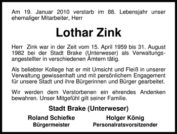 Traueranzeige von Lothar Zink von Nordwest-Zeitung