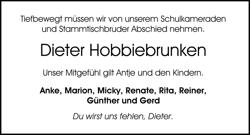  Traueranzeige für Dieter Hobbiebrunken vom 26.01.2010 aus Nordwest-Zeitung