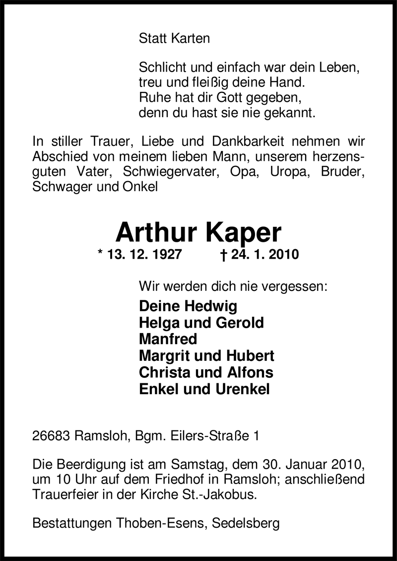  Traueranzeige für Arthur Kaper vom 27.01.2010 aus Nordwest-Zeitung