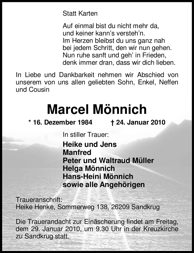  Traueranzeige für Marcel Mönnich vom 27.01.2010 aus Nordwest-Zeitung
