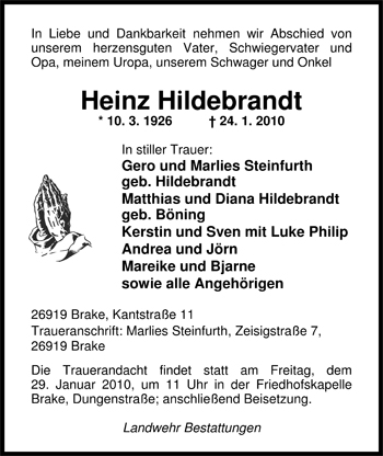 Traueranzeige von Heinz Hildebrandt von Nordwest-Zeitung