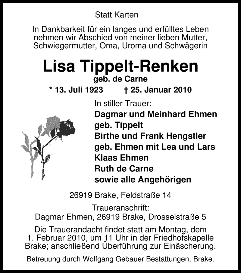  Traueranzeige für Lisa Tippelt-Renken vom 27.01.2010 aus Nordwest-Zeitung
