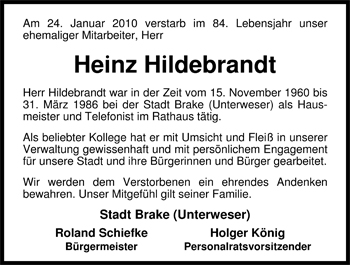 Traueranzeige von Heinz Hildebrandt von Nordwest-Zeitung