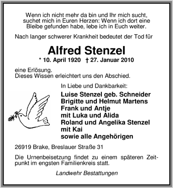 Traueranzeige von Alfred Stenzel von Nordwest-Zeitung