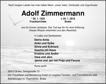 Traueranzeige von Adolf Zimmermann von Nordwest-Zeitung