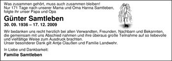 Traueranzeige von Günter Samtleben von Nordwest-Zeitung