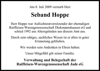 Traueranzeige von Seband Hoppe von Nordwest-Zeitung