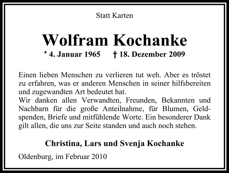  Traueranzeige für Wolfram Kochanke vom 06.02.2010 aus Nordwest-Zeitung