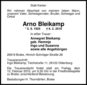 Traueranzeige von Arno Bleikamp von Nordwest-Zeitung
