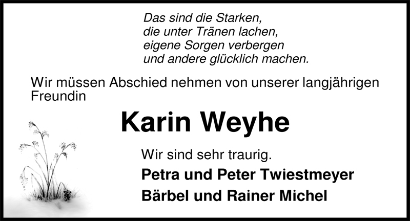  Traueranzeige für Karin Weyhe vom 12.02.2010 aus Nordwest-Zeitung