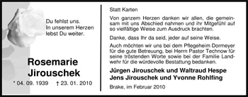 Traueranzeige von Rosemarie Jirouschek von Nordwest-Zeitung