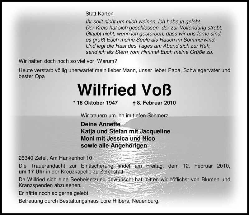  Traueranzeige für Wilfried Voß vom 10.02.2010 aus Nordwest-Zeitung