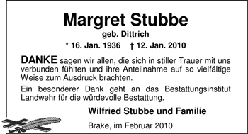 Traueranzeige von Margret Stubbe von Nordwest-Zeitung
