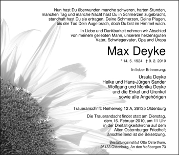 Traueranzeige von Max Deyke von Nordwest-Zeitung