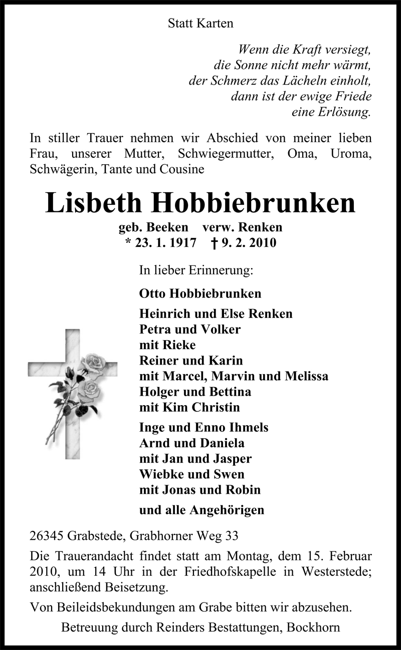  Traueranzeige für Lisbeth Hobbiebrunken vom 11.02.2010 aus Nordwest-Zeitung