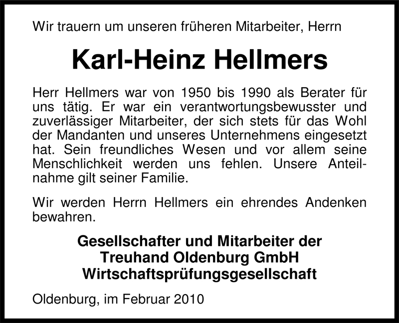  Traueranzeige für Karl-Heinz Hellmers vom 13.02.2010 aus Nordwest-Zeitung